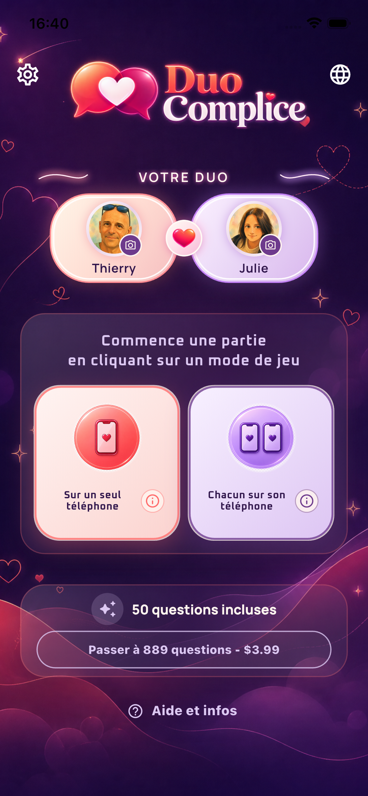 Accueil de Duo Complice et choix du mode de jeu